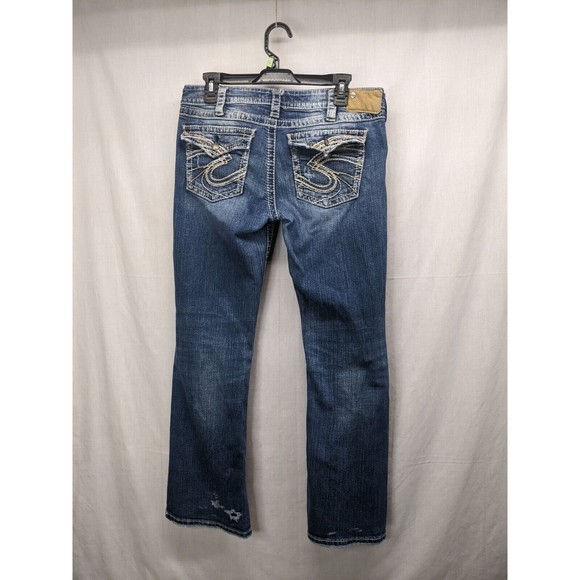 Silver Blue Jeans Pioneer Boot Cut Low Rise Dark Wash W 32 L 31 Distressed - Picture 2 of 12
